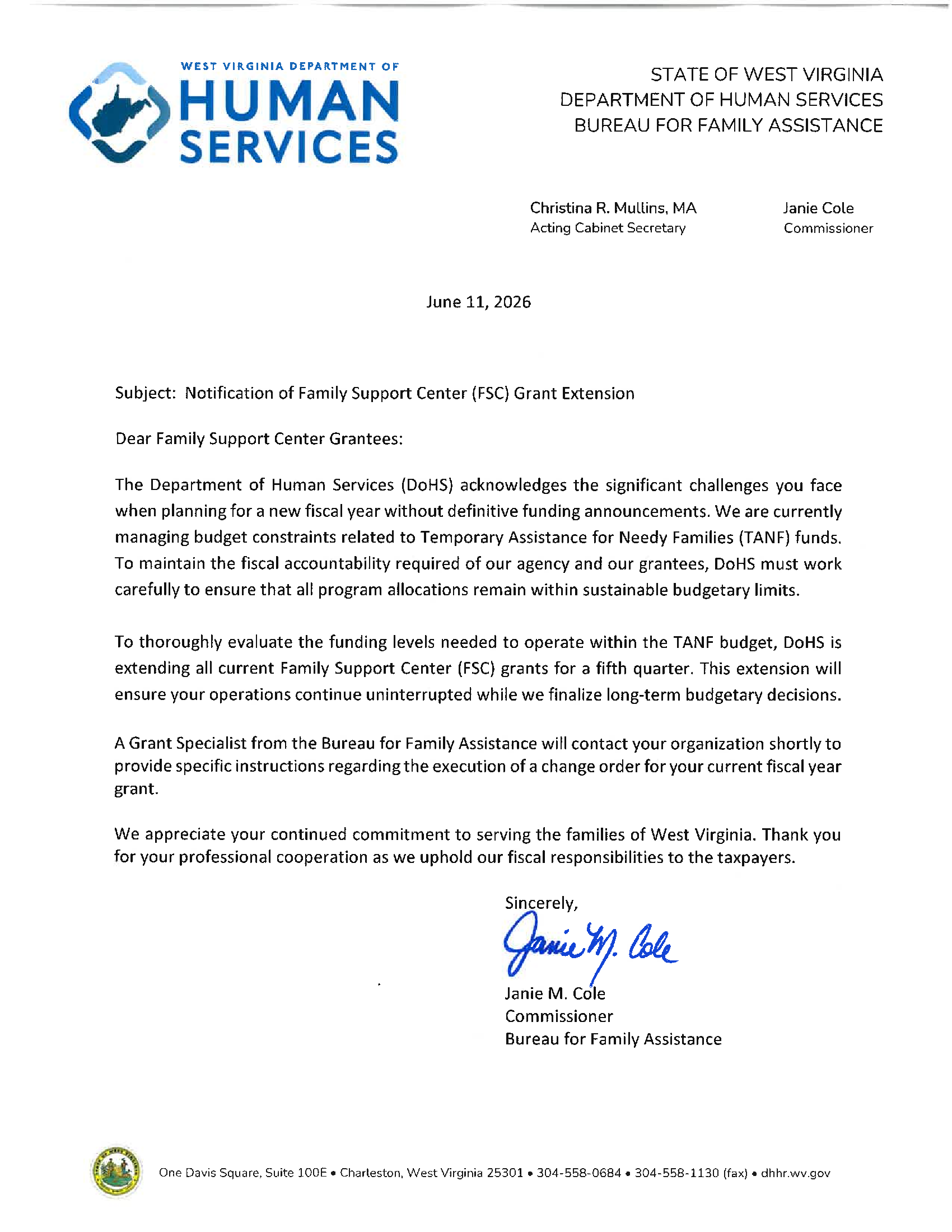 DoHS BFA Formal Family Support Center Grant Extension Notification Letter